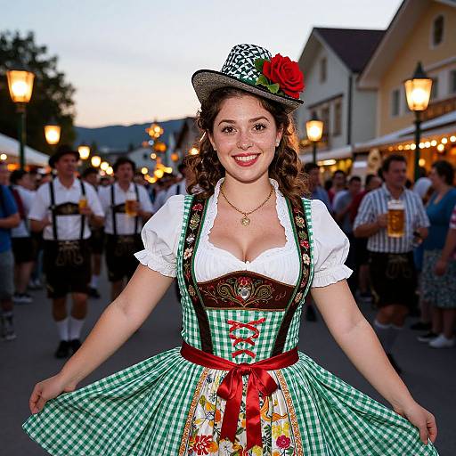 Photograph of a smiling woman in a traditional German dirndl, green checkered dress, white blouse, red flower hat, red ribbon, and floral