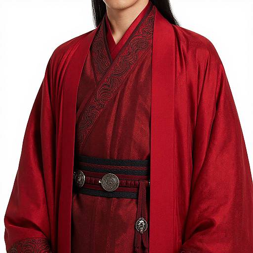 Photograph of a person wearing a rich red, intricately patterned kimono with black obi belt and silver circular ornaments.