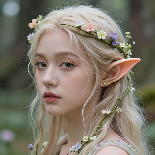 Digital portrait of a young, fair-skinned elf girl with long, wavy blonde hair, pointed ears, wearing a floral crown, soft pink lips