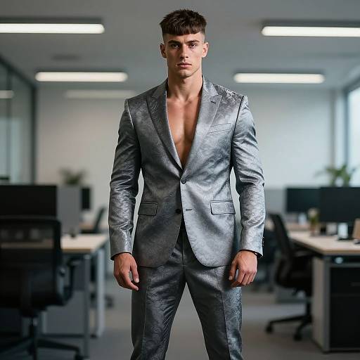 Photograph of a muscular, attractive young man with short dark hair, wearing an unbuttoned, shiny silver suit, standing in a modern, brightly