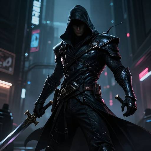 CGI image of a dark, hooded, armored warrior with glowing eyes, holding a sword, in a neon-lit, cyberpunk city street