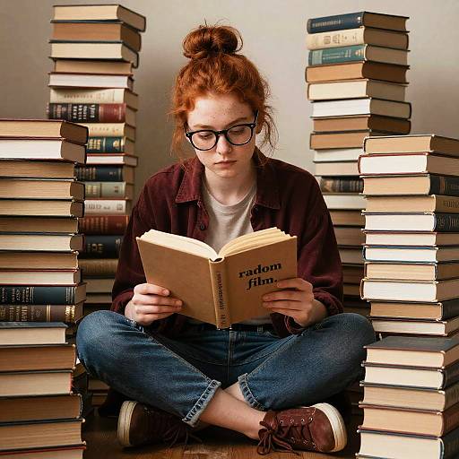 Photograph of a red-haired woman with glasses, bun hairstyle, denim shirt, and jeans, sitting cross-legged between tall stacks of books, reading 