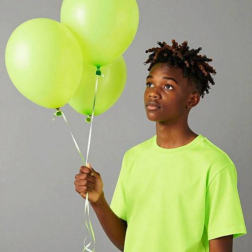 Photograph of a young Black boy with short, curly hair, wearing a bright neon green shirt, holding three neon green balloons against a plain gray background