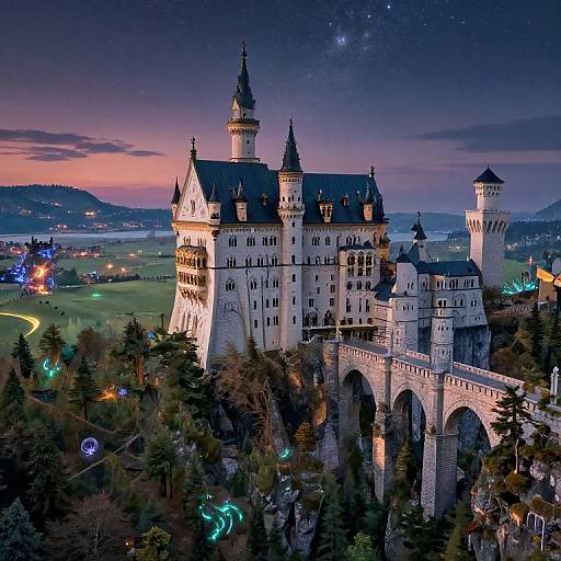 Photograph of a brightly lit, medieval-style castle with multiple towers, arched bridge, and starry night sky backdrop, surrounded by lush trees and