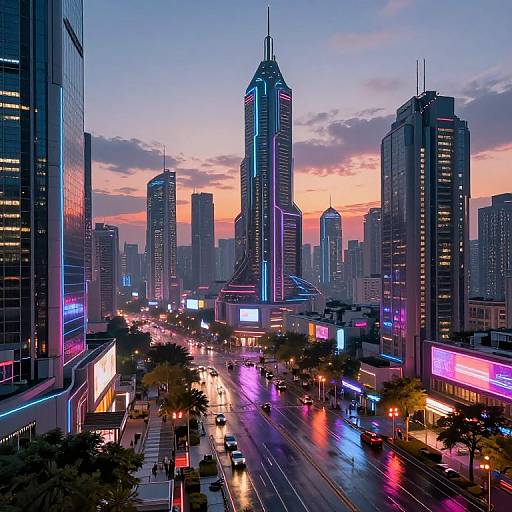 Neon-lit, futuristic cityscape at sunset with towering skyscrapers, glowing pink and blue lights, busy streets, and vibrant, colorful reflections