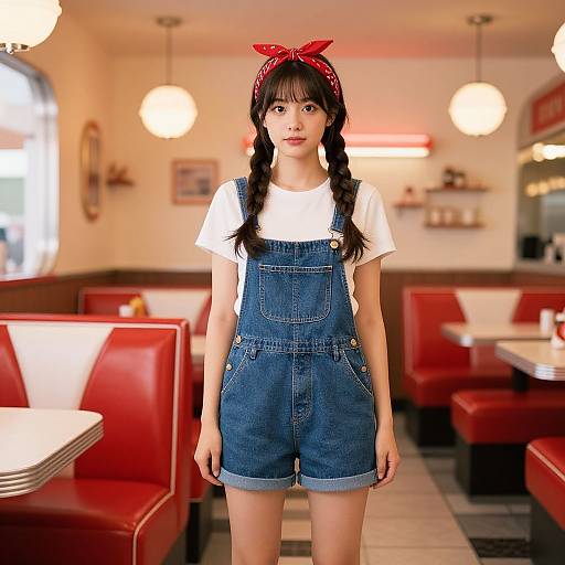 Photograph of an Asian woman with black braided hair, red headband, white shirt, and blue denim overalls, standing in a retro-style