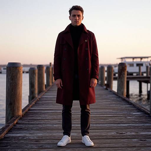 Photograph of a serious young man standing on a wooden pier at sunset, wearing a long dark coat, black pants, and white sneakers.