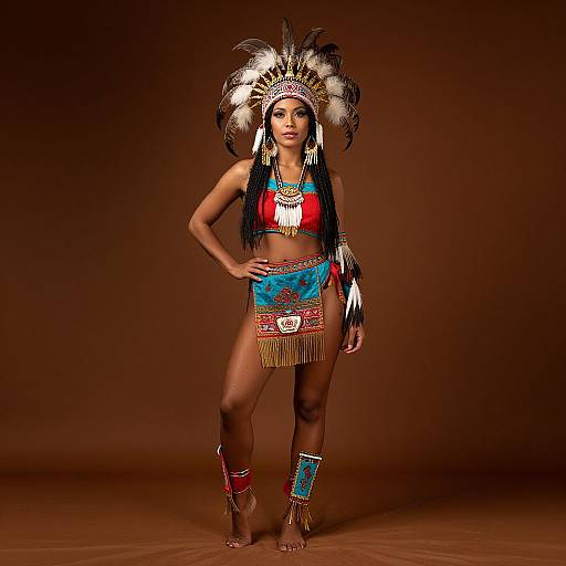 Photograph of a dark-skinned woman in Native American-inspired attire, featuring a large feather headdress, red crop top, blue skirt, and colorful