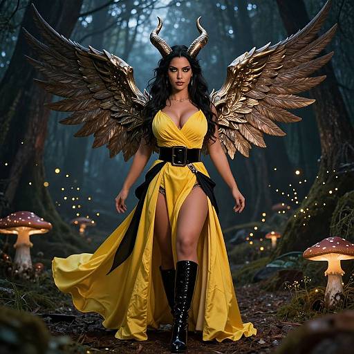 Photograph of a dark-haired woman with golden wings and horns, wearing a yellow, cleavage-revealing dress and black boots, standing in a