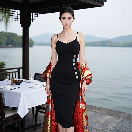 Elegant Asian Woman by Lakeside Cabin