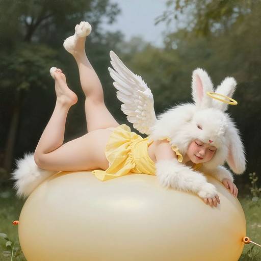 Photograph of a young woman in a white bunny costume with wings and a yellow dress, lying on a large yellow balloon outdoors, feet up, in