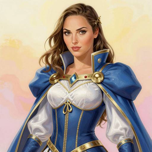 Digital artwork of a beautiful woman with long brown hair, wearing a blue and white medieval-style armor with gold accents and a blue cape, against a gradient