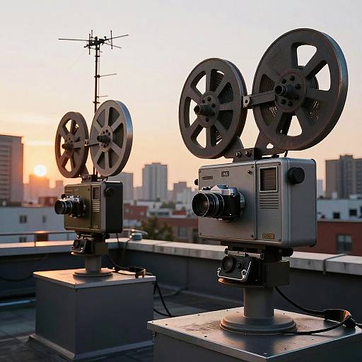 Vintage Film Projectors on Urban Rooftop