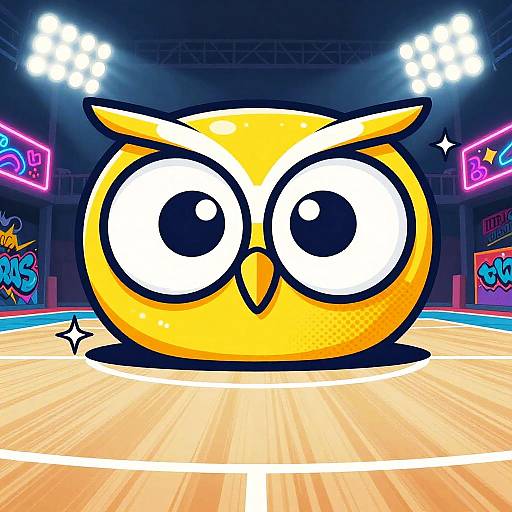 Bright, cartoonish yellow owl with large, expressive eyes centered on a brightly lit basketball court, surrounded by neon signs and graffiti. Digital art style.