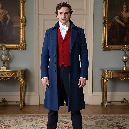 Photograph of a man with curly hair, wearing a navy blue coat, red vest, white shirt, and black pants, standing in an elegant,