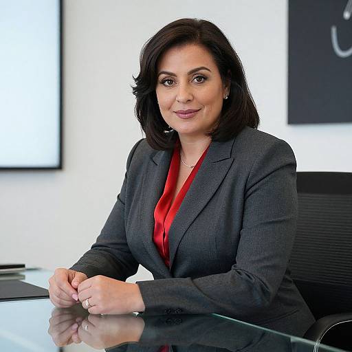Photograph of a confident woman with dark shoulder-length hair, wearing a dark gray blazer over a red blouse, seated at a glass desk in a