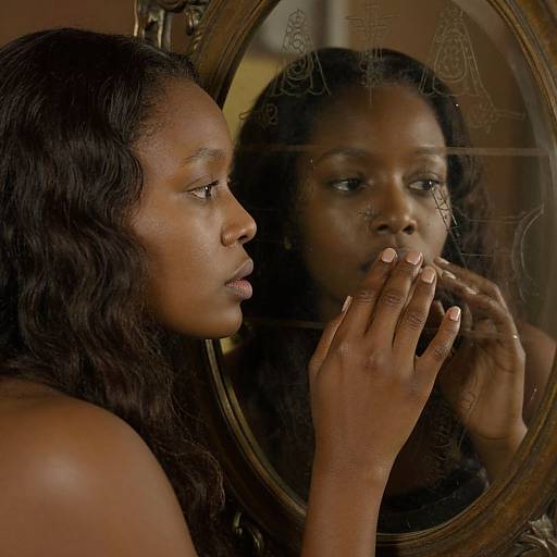 Photograph of a Black woman with long, wavy hair, gazing at her reflection in an ornate oval mirror, gently touching her lips.