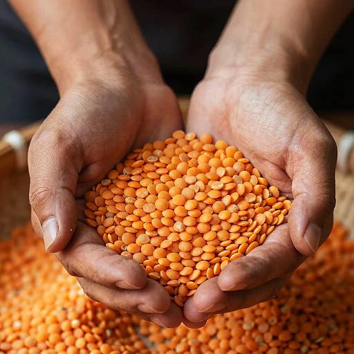 Close-Up of Hands Holding Orange Lentils