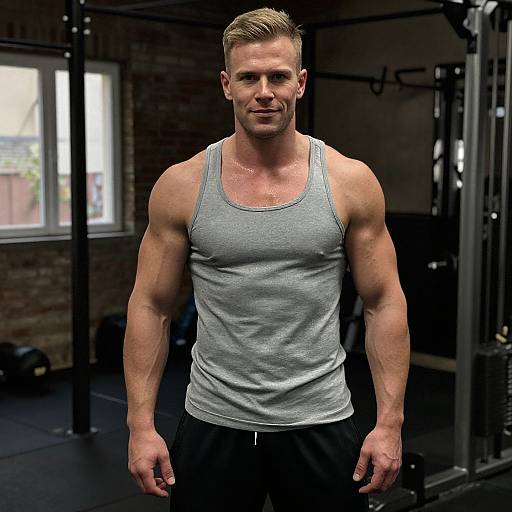Muscular Blonde Man in Dim Gym