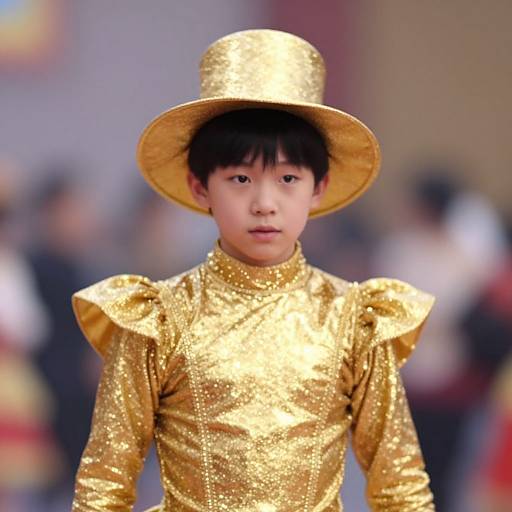 Young Asian boy in a glittery gold outfit and hat, standing confidently in a blurred crowd, photograph.