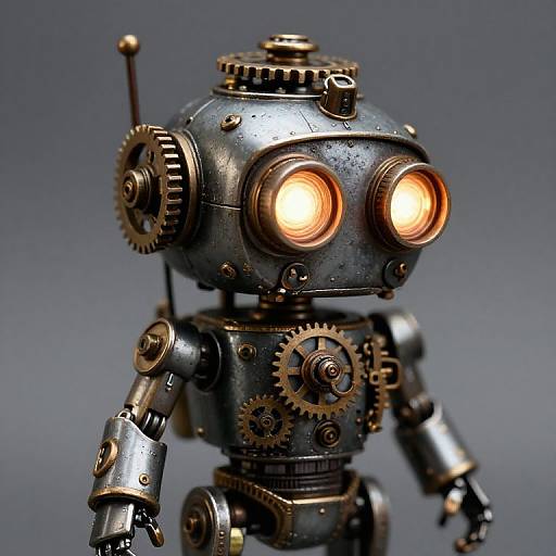 Photograph of a steampunk-style robot with glowing orange eyes, metallic body, and intricate gears on its head and torso, against a gray background