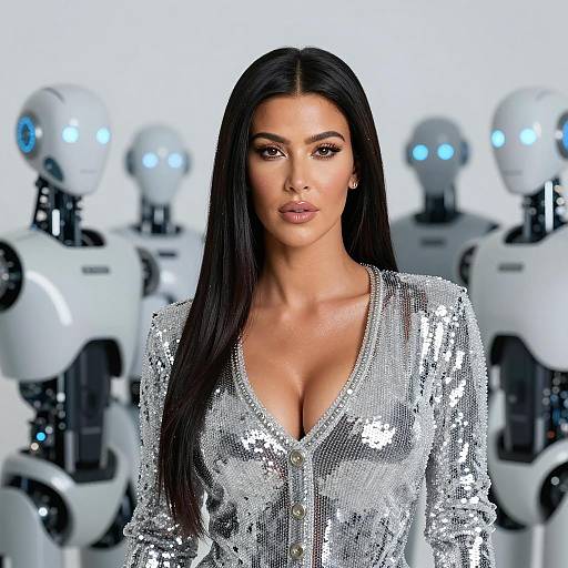 Woman in Sequined Dress with Robots