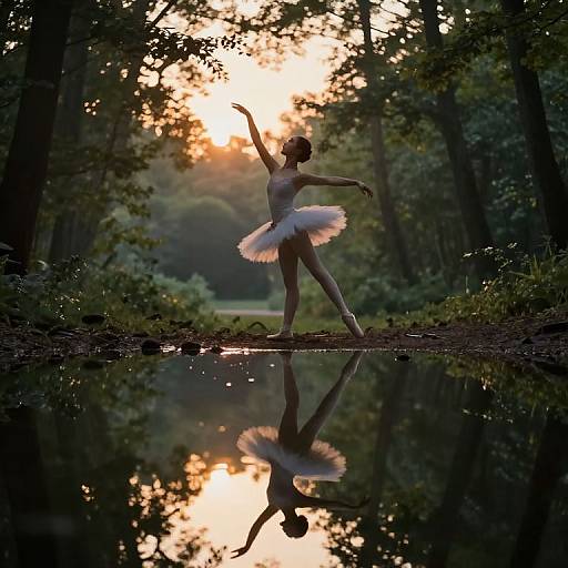 Photograph of a silhouetted ballerina in a white tutu, dancing gracefully on a forest path with a reflective pond, backlit