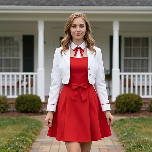Photograph of a woman with wavy brown hair in a red dress and white jacket standing in front of a white house.