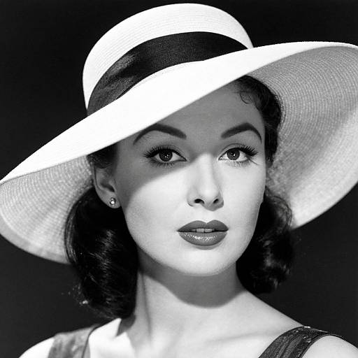 Black-and-white photograph of a vintage-styled woman with dark hair, wearing a large white sunhat and dark earrings, looking directly at the camera.