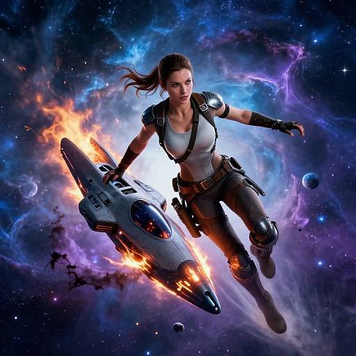 Digital art of a fierce, brown-haired woman in futuristic armor, flying with a fiery rocket in a cosmic, colorful galaxy.