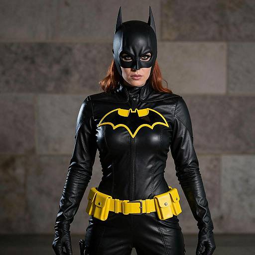 Photograph of a woman in a black Batman costume with yellow bat emblem, yellow belt, and black batmask, standing against a stone wall.