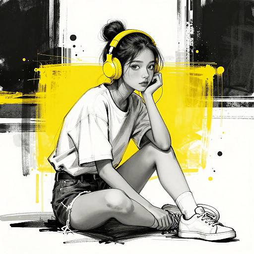 Urban Sketch: Girl with Yellow Headphones
