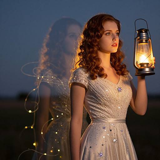 Photograph of a curly-haired woman in a sparkling white dress holding a glowing lantern against a twilight sky, with a glowing mirror reflection behind her.