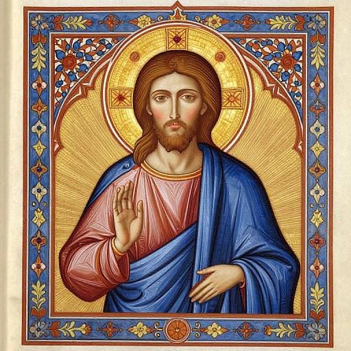 Digital illustration of Jesus Christ with brown hair, beard, and blue robe, raising his right hand, golden halo, ornate floral border.