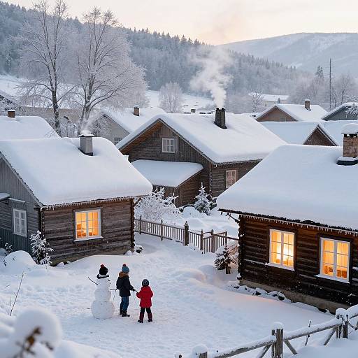 Photograph of two children in winter clothing building a snowman in front of wooden cabins with glowing windows, surrounded by snow-covered trees and hills at dusk