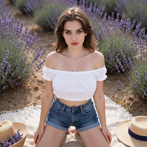 Photograph of a young woman with fair skin and brown hair, wearing a white off-shoulder top and denim shorts, kneeling on a white blanket