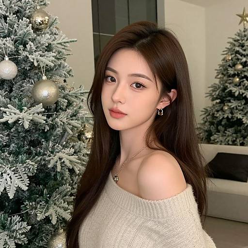 Photograph of an Asian woman with long dark hair, wearing an off-shoulder white sweater, standing in front of frosted Christmas trees adorned with