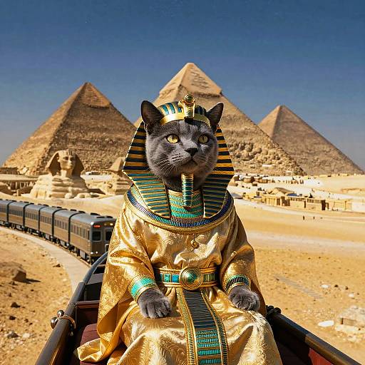 Pharaoh Cat Riding Through Pyramids