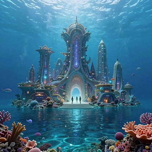 Digital artwork of a glowing, underwater futuristic city with bioluminescent architecture, two silhouetted figures approaching the entrance, surrounded by colorful coral