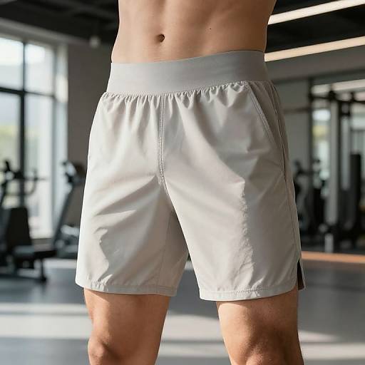 Photograph of a fit, shirtless male's midsection in white athletic shorts, standing in a well-lit, modern gym with blurred exercise equipment