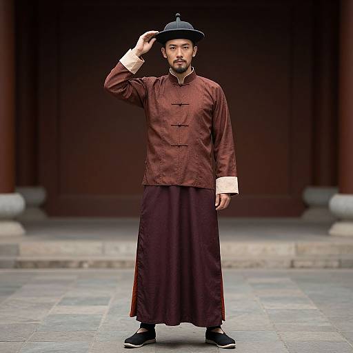 Photograph of a bearded man in traditional brown Chinese attire, long robe, and black hat, standing on stone pavement, hand adjusting hat, dark
