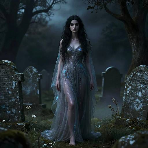 Photograph of a pale, dark-haired woman in a shimmering, translucent blue gown, standing in a moonlit, eerie graveyard with old, moss