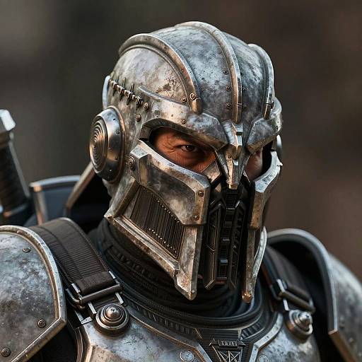 Photograph of a detailed, metallic sci-fi soldier helmet with orange eyes, rugged texture, and black harness, set against a blurred dark background.