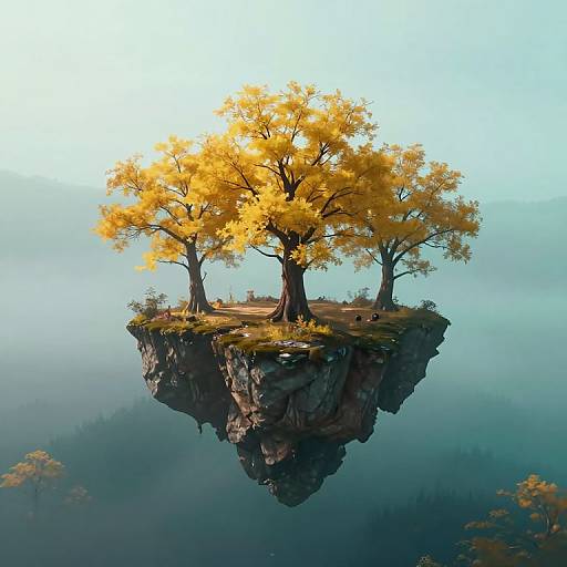 Photorealistic digital artwork of a floating, rocky island with three golden-leaved trees, surrounded by misty, blue-tinged sky.