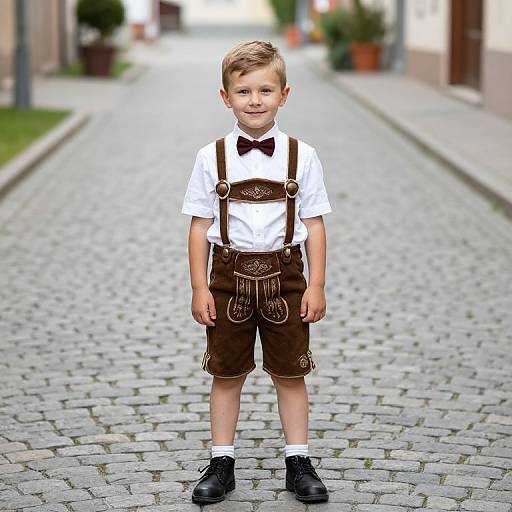 Photograph of a young boy with blond hair, standing on a cobblestone street, wearing brown shorts, white shirt, bow tie, suspenders