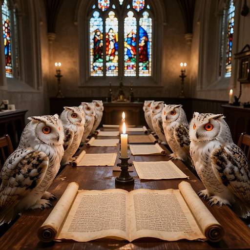 Owls Studying Ancient Scrolls in Gothic Chamber