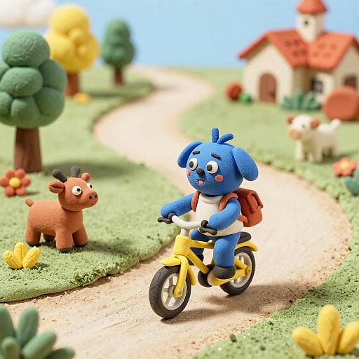 Photograph of a blue cartoon dog with a red backpack riding a yellow motorcycle on a dirt path in a colorful, detailed toy village with a brown cow