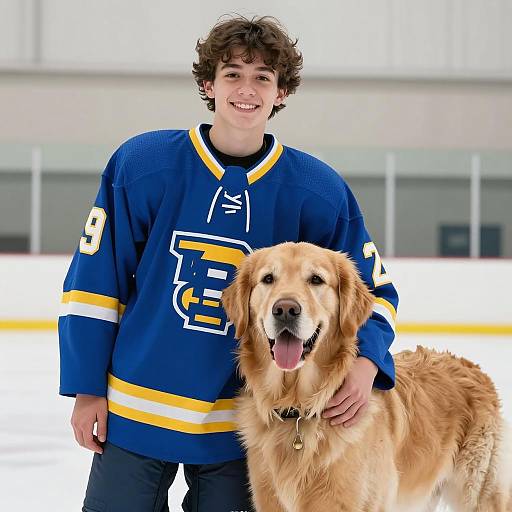 Joyful Boy and Dog in Hockey Jerseys
