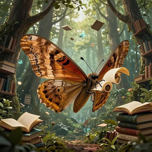 Photorealistic CGI of a large, orange and black butterfly with intricate patterns, hovering above a forest floor scattered with open books and floating pages in a