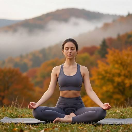 Photograph of a serene, dark-haired woman in a gray sports bra and leggings, meditating in a forest with autumn foliage.
